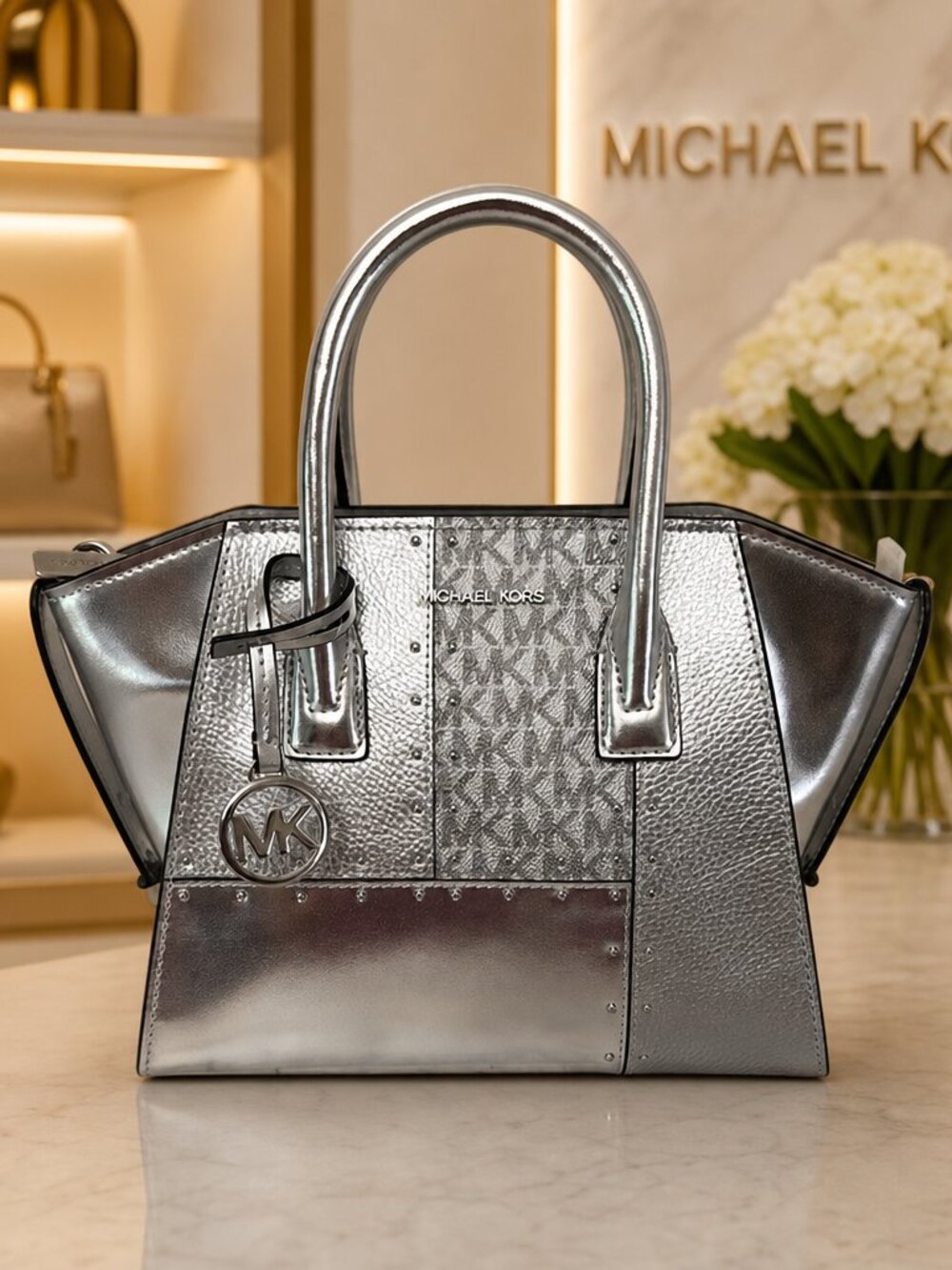 Michael Kors Avril Small Silver Satchel NWT